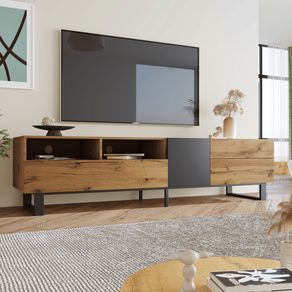Mueble de tv para salón 2 puertas y 2 cajones negro y gris 50x180x38cm