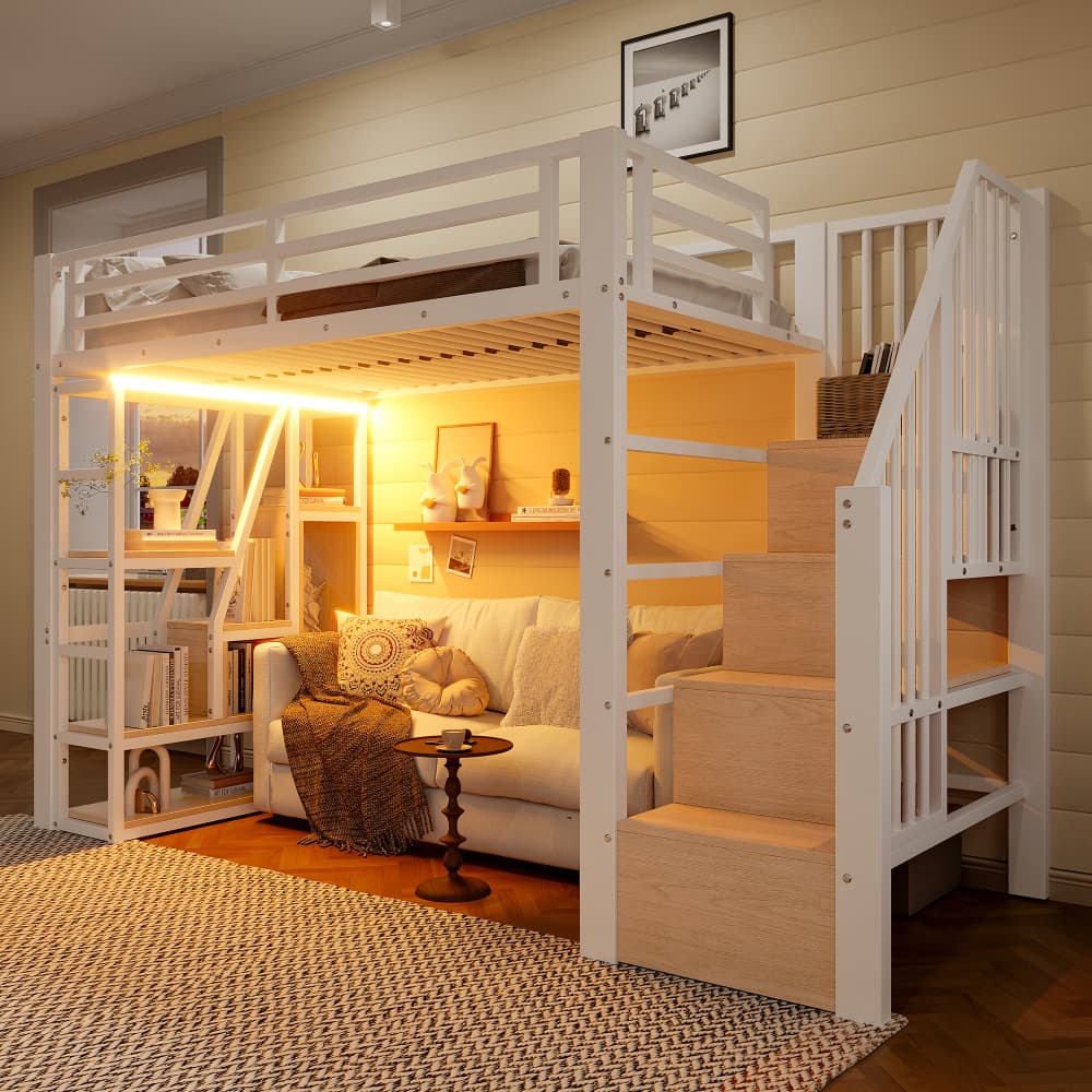 Cama alta 90x200cm con escalera de almacenaje y LED mdf y metal – blanco