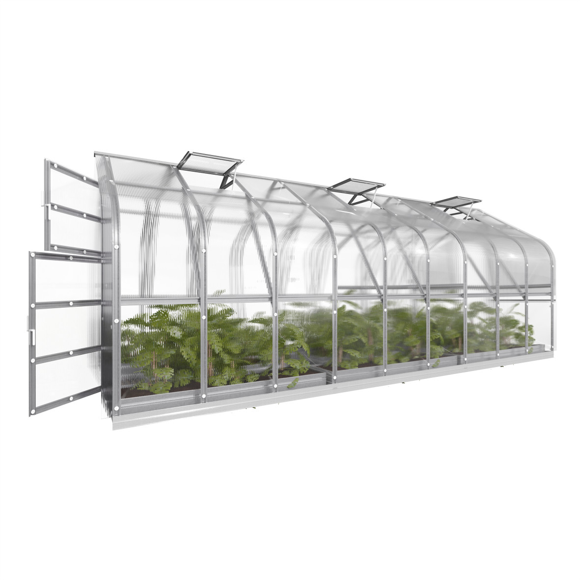 Invernadero standart 15m², policarbonato de 4mm, 3 claraboyas automáticas