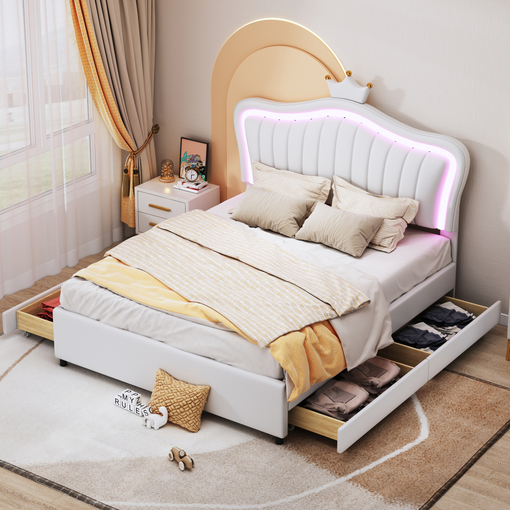 Cama infantil 140x200cm con cajones y LED pu – color blanco