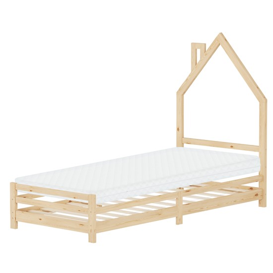 Cama infantil 90x200cm + colchón 10cm madera natural en forma de casa