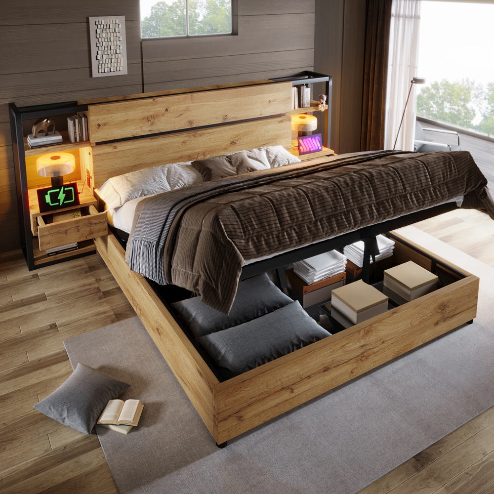 Cama doble madera 160x200cm con canapé abatible, mesitas con cajones, roble
