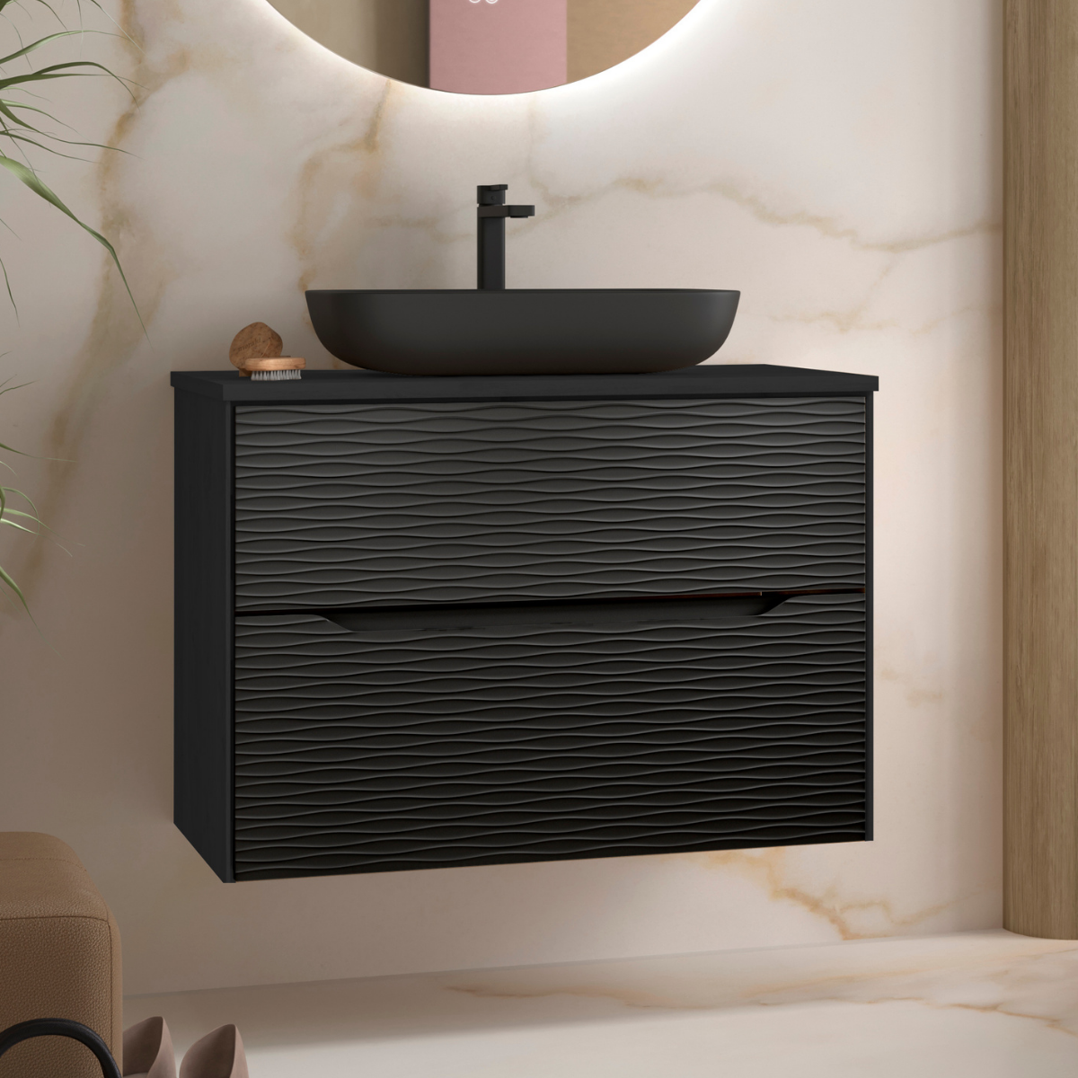 Mueble baño suspendido con tapa y lavabo | negro - negro 100cm