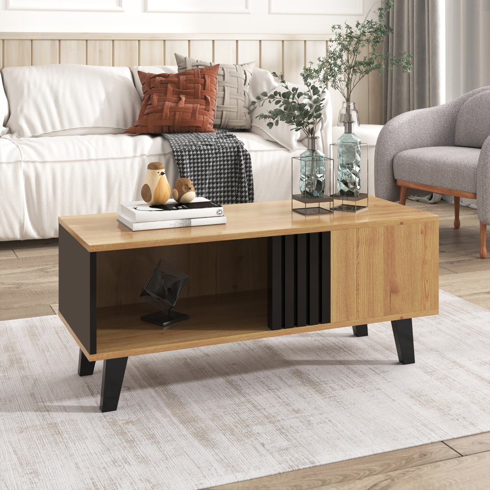 Mesa de centro para salón con almacenaje madera natural+negro 45x100x60cm