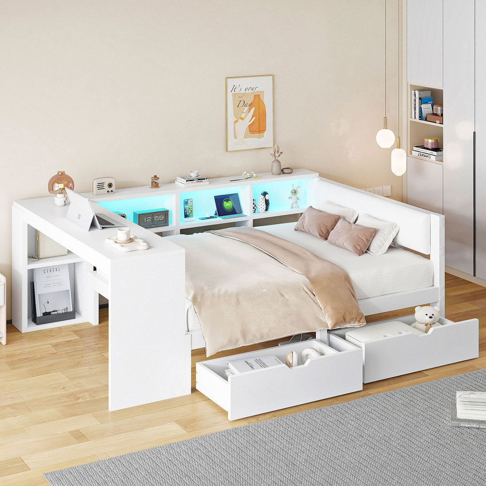 Cama multifuncional 140x200cm con cajones, LED y carga usb mdf – blanco