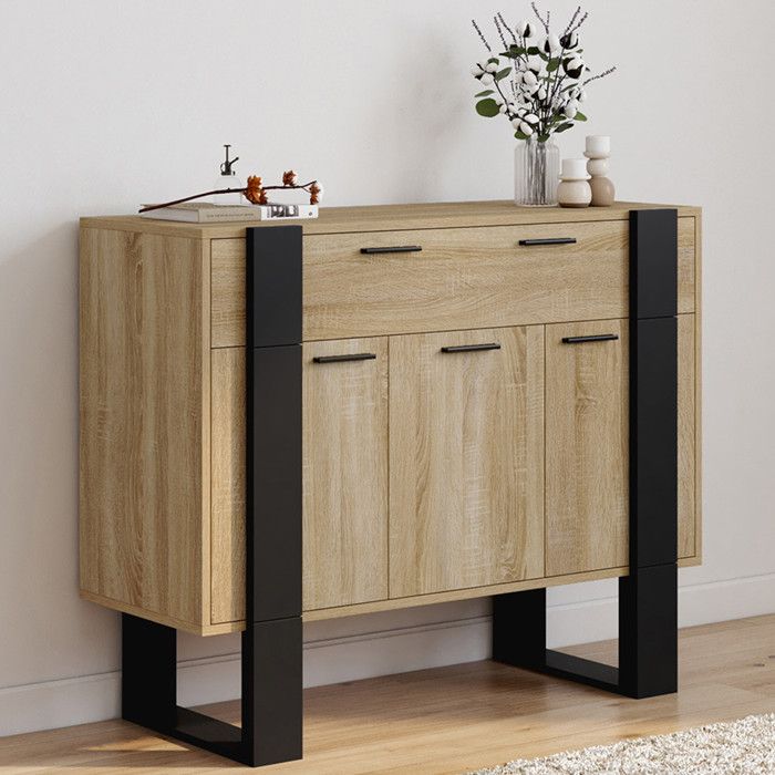Aparador industrial de madera negra de 3 puertas (100 cm)