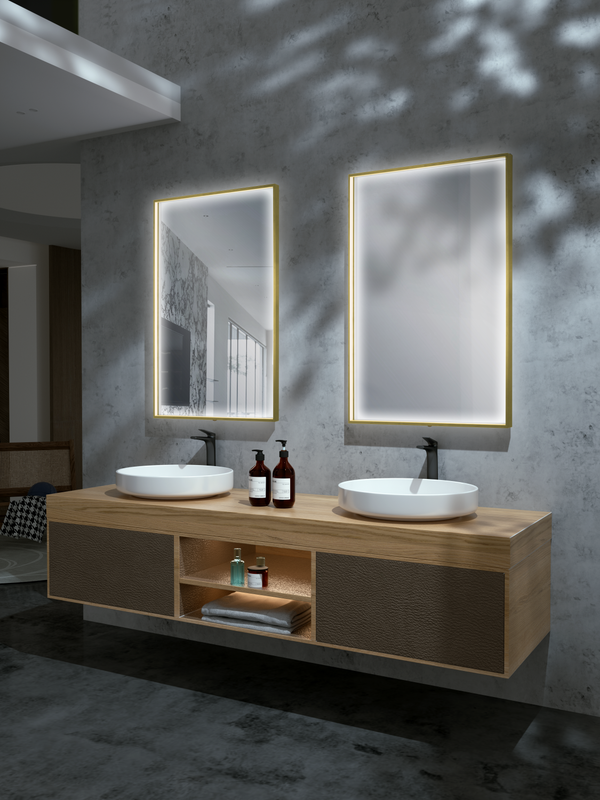 Espejo con luz LED marco color oro mate anti-vaho, sensor on/off 100 x 80
