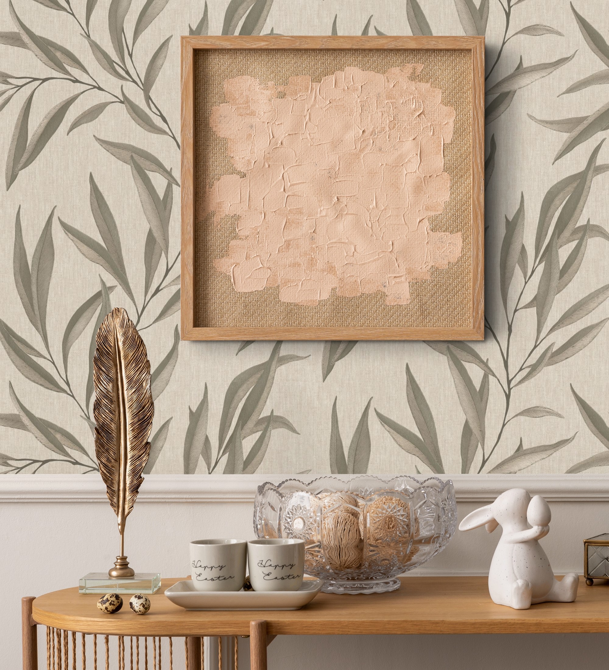 Papel pintado gaulan lavable de hojas alargadas beige y marrón 5.33m²