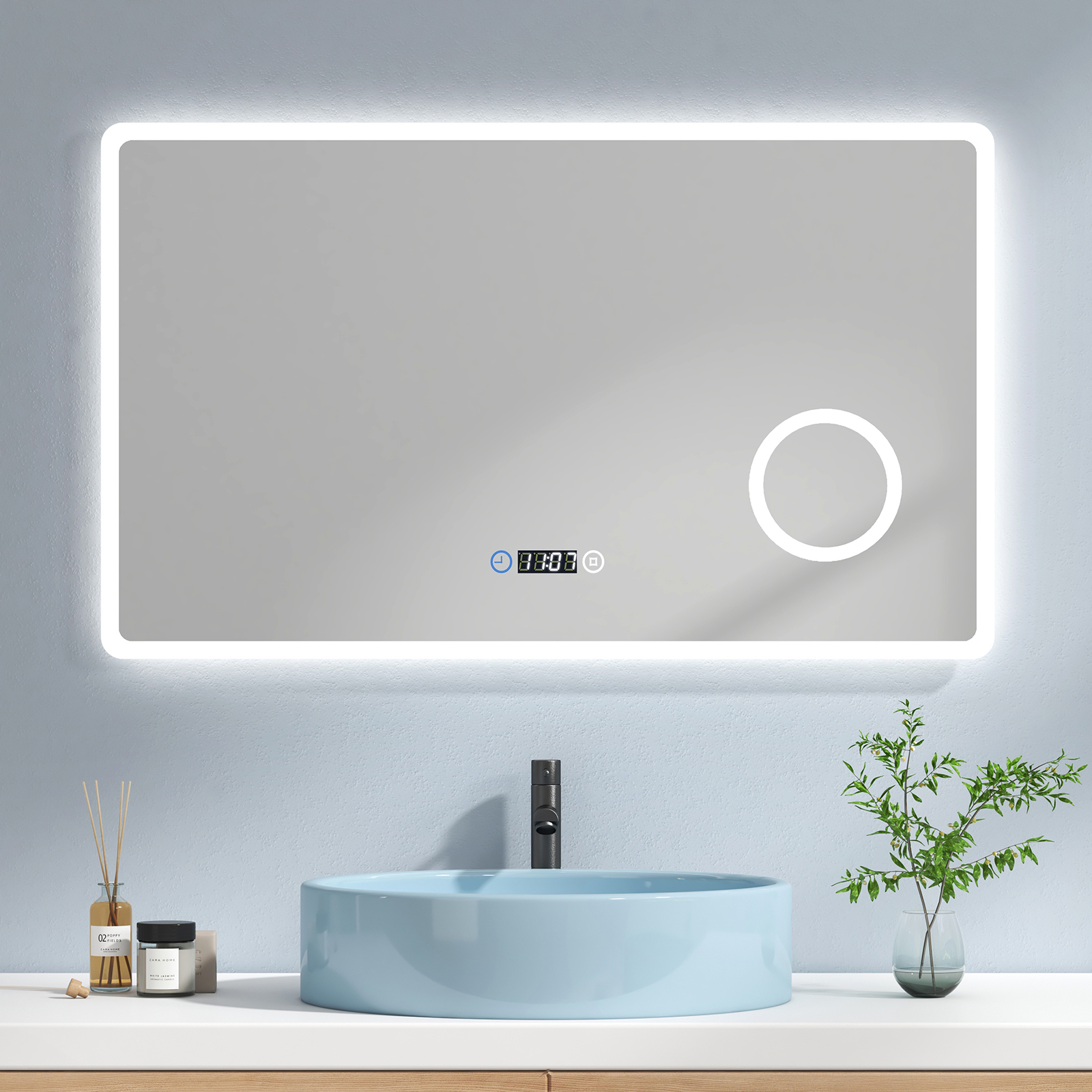 Emke espejo baño LED 3x lupa, ip44, 100x60 cm, 3 luces, táctil+reloj