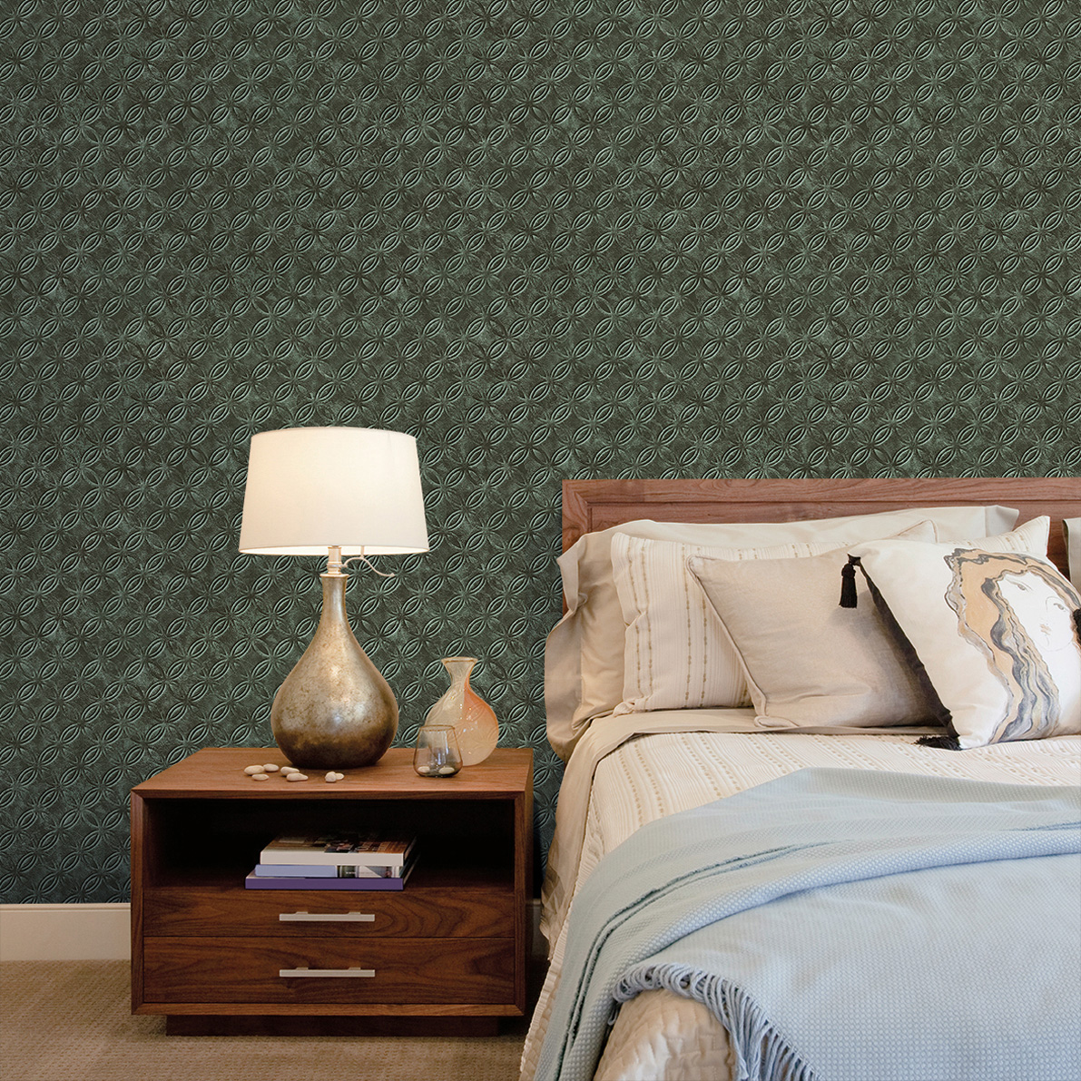 Papel pintado texturizado tnt geométrico círculos retro velvet verde