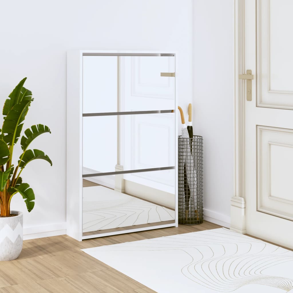 Mueble zapatero y espejo 3 niveles blanco brillo 63x17x102,5 cm es3474