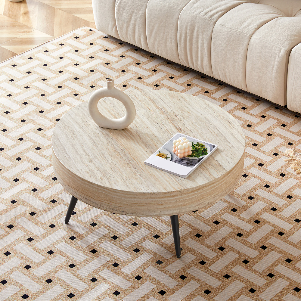 Mesa de centro redonda para salón mdf travertino claro negro 35,5x70x70cm