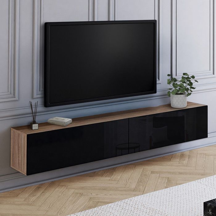 Mueble tv suspendido elio - 2 puertas - color madera y negro - 180 cm