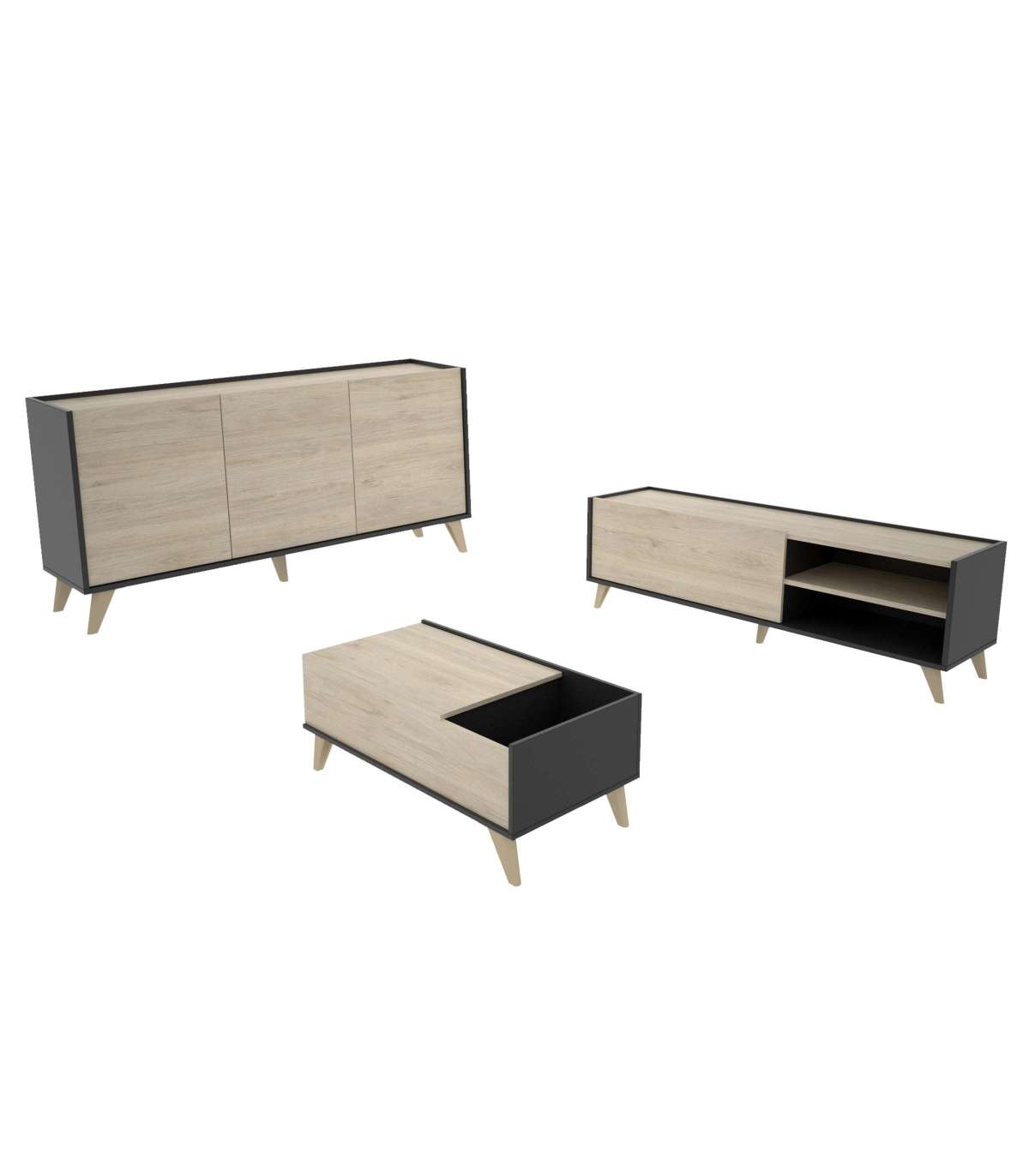 Conjunto salón moderno con aparador mueble tv y mesa centro