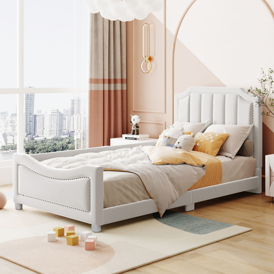 Cama tapizada 90x200cm tipo sofá con respaldo y reposabrazos – beige