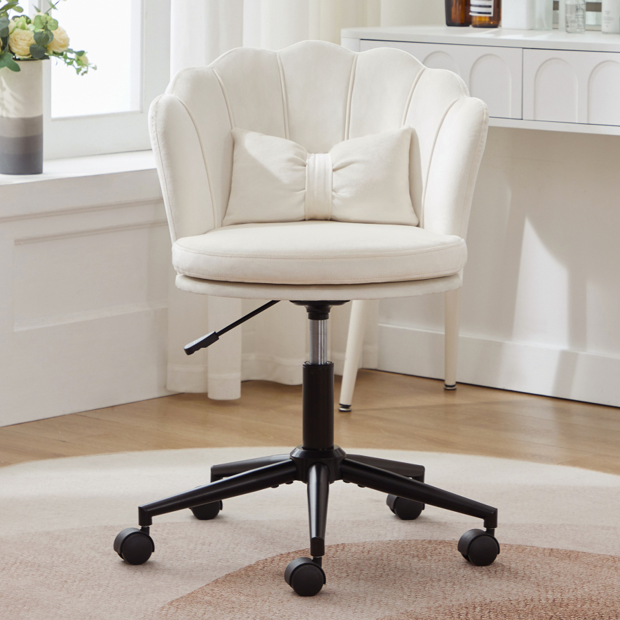 Silla de oficina terciopelo beige giratoria ajustable con cojín lumbar