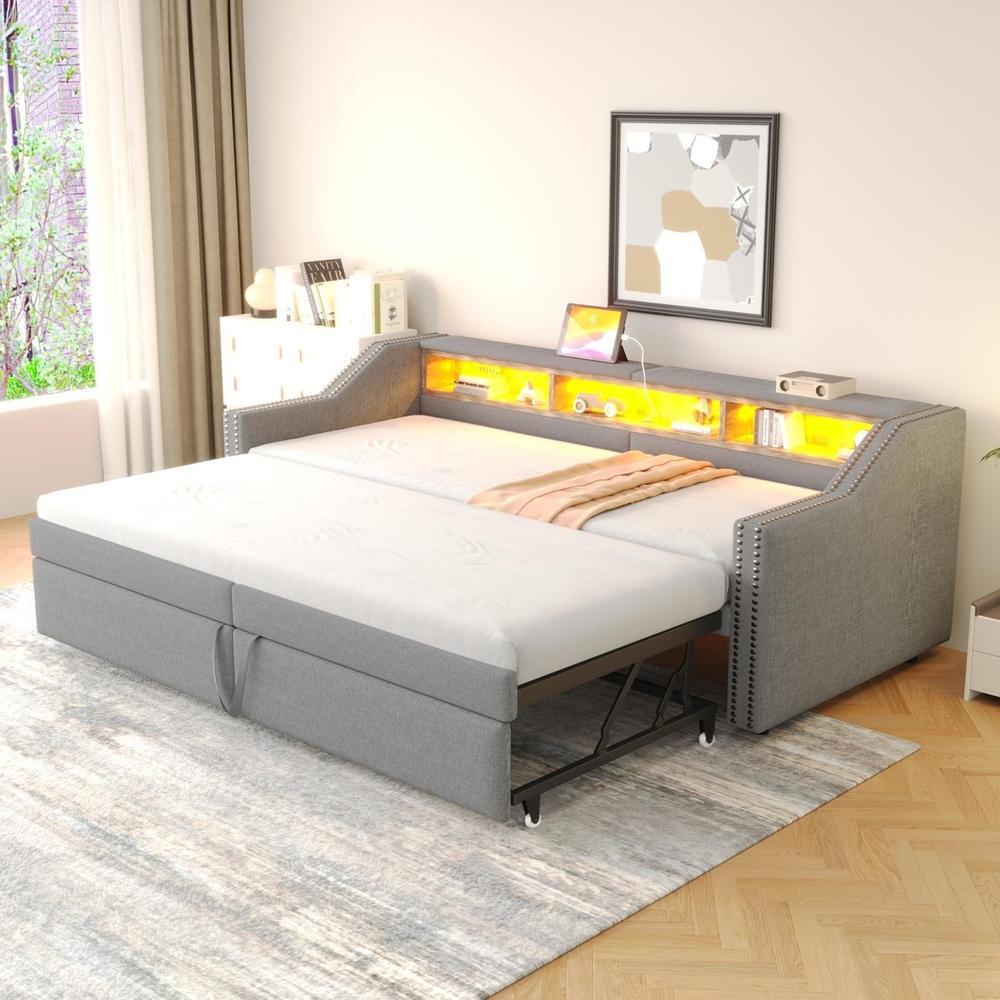 Cama nido 90/180x200 cm con LED, usb, almacenaje lateral, gris claro