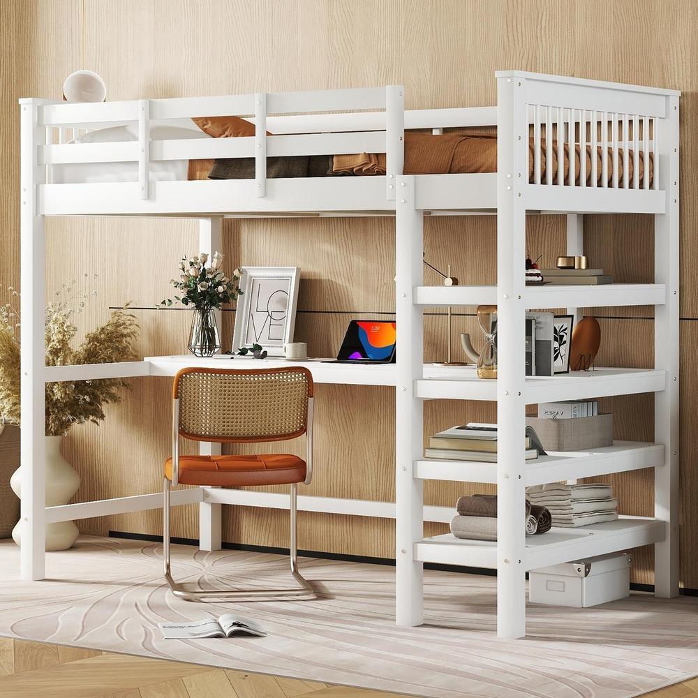 Cama alta 90x200cm con escritorio, estantes, somier de láminas blanca