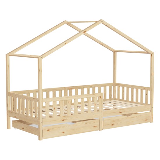 Cama infantil casa madera natural maciza de pino 90x200cm 2 cajones