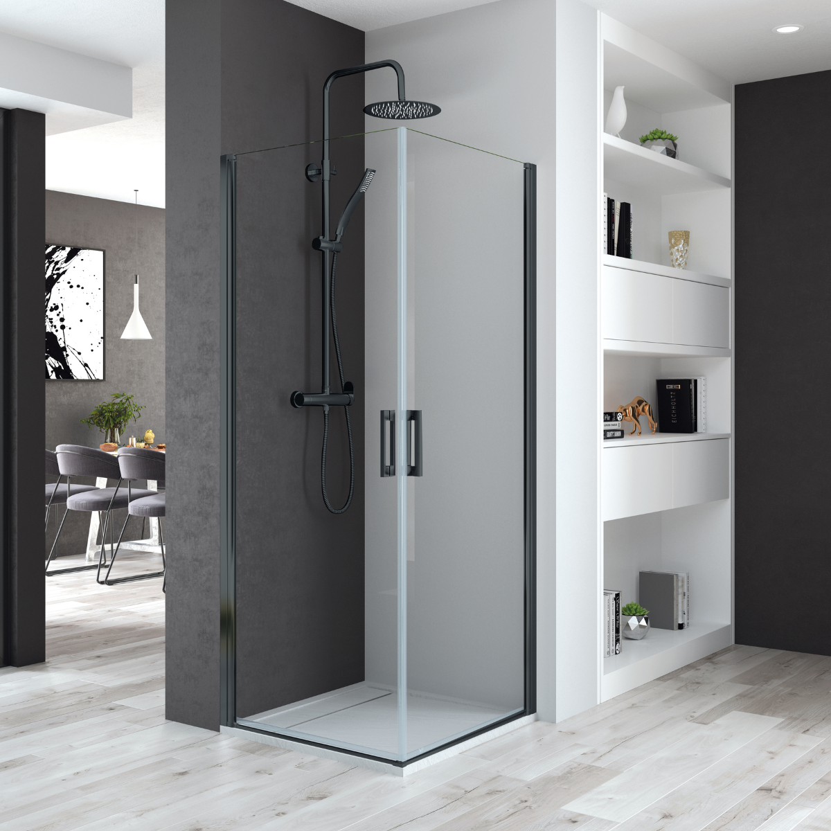 Mampara ducha 2 puertas abatibles 80 + 85cm transparente negro
