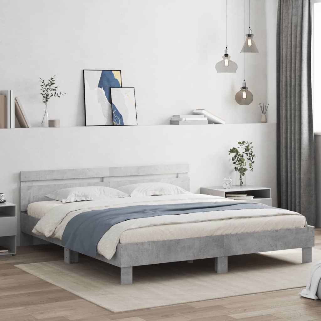 Cama cabecero y luces LED gris hormigón 180x200cm