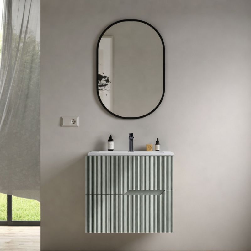 Mueble de baño suspendido bamboo 60 cm verde mate con lavabo y 2 cajones