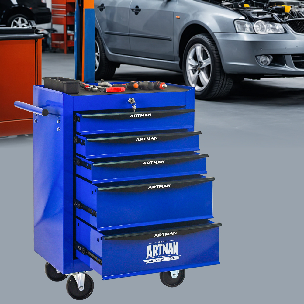Carro de herramientas con 5 cajones y ruedas acero negro azul 77,5x60x33cm
