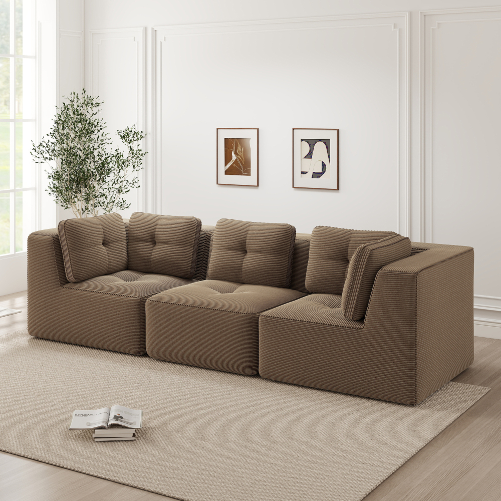 Sofá modular en l de pana marrón 3 plazas con asiento profundo