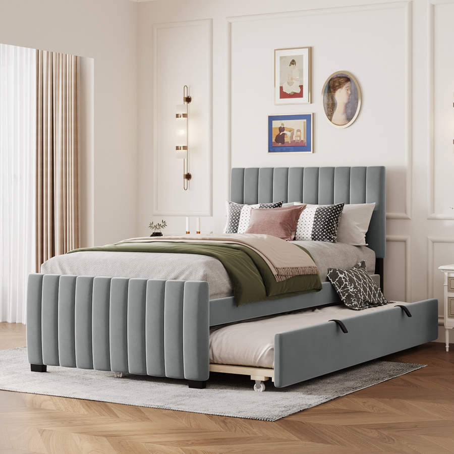 Cama tapizada 90x190cm con cama nido extraíble terciopelo – color gris