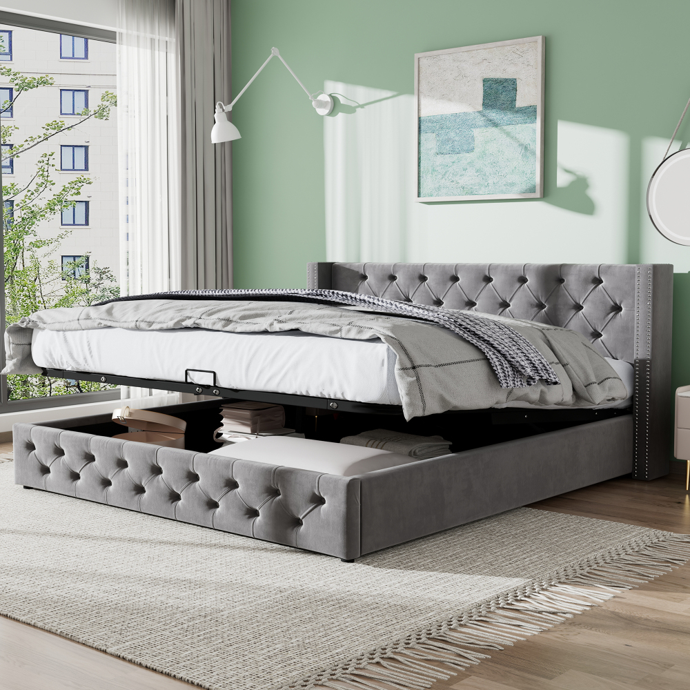 Cama tapizada 140x200 cm con canapé hidráulico terciopelo – color gris