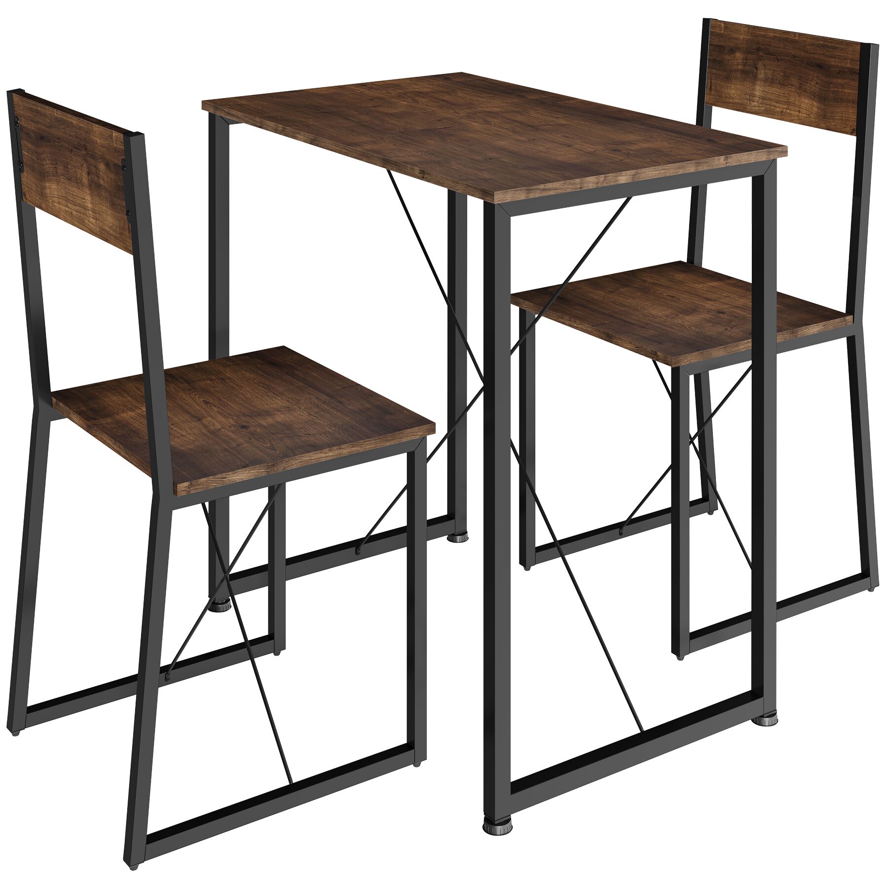 Juego de comedor industrial de 3 piezas, mesa y 2 sillas madera oscura