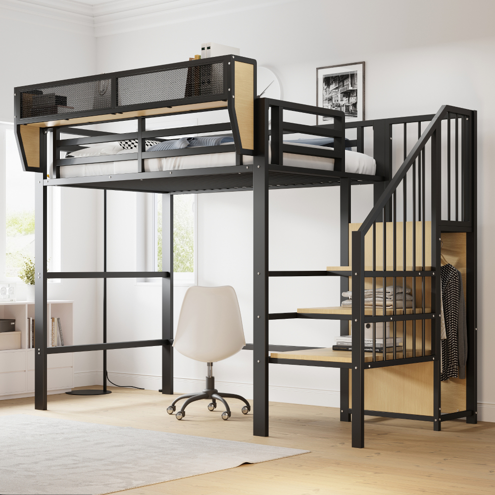 Cama alta 90x200cm con compartimentos y armario metal – negro