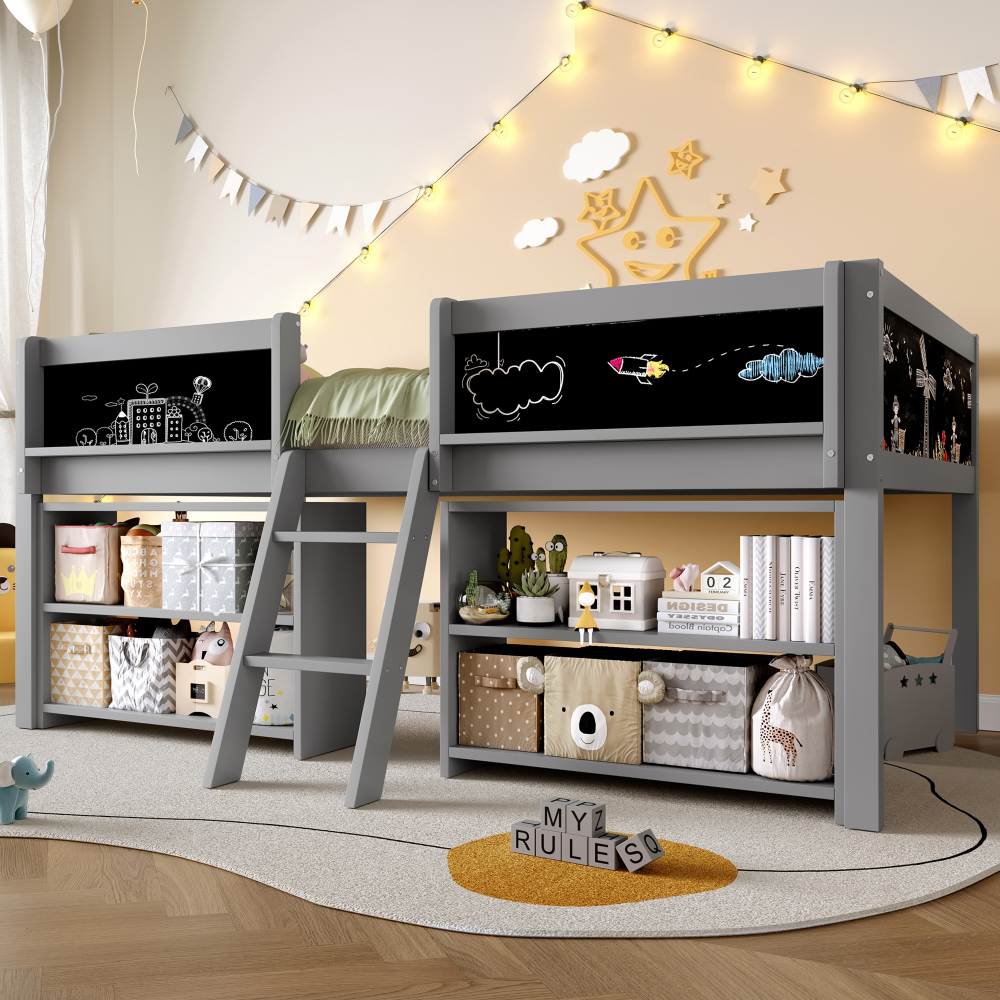 Cama infantil semialta 90x200cm con estantes y barandilla pino y mdf gris