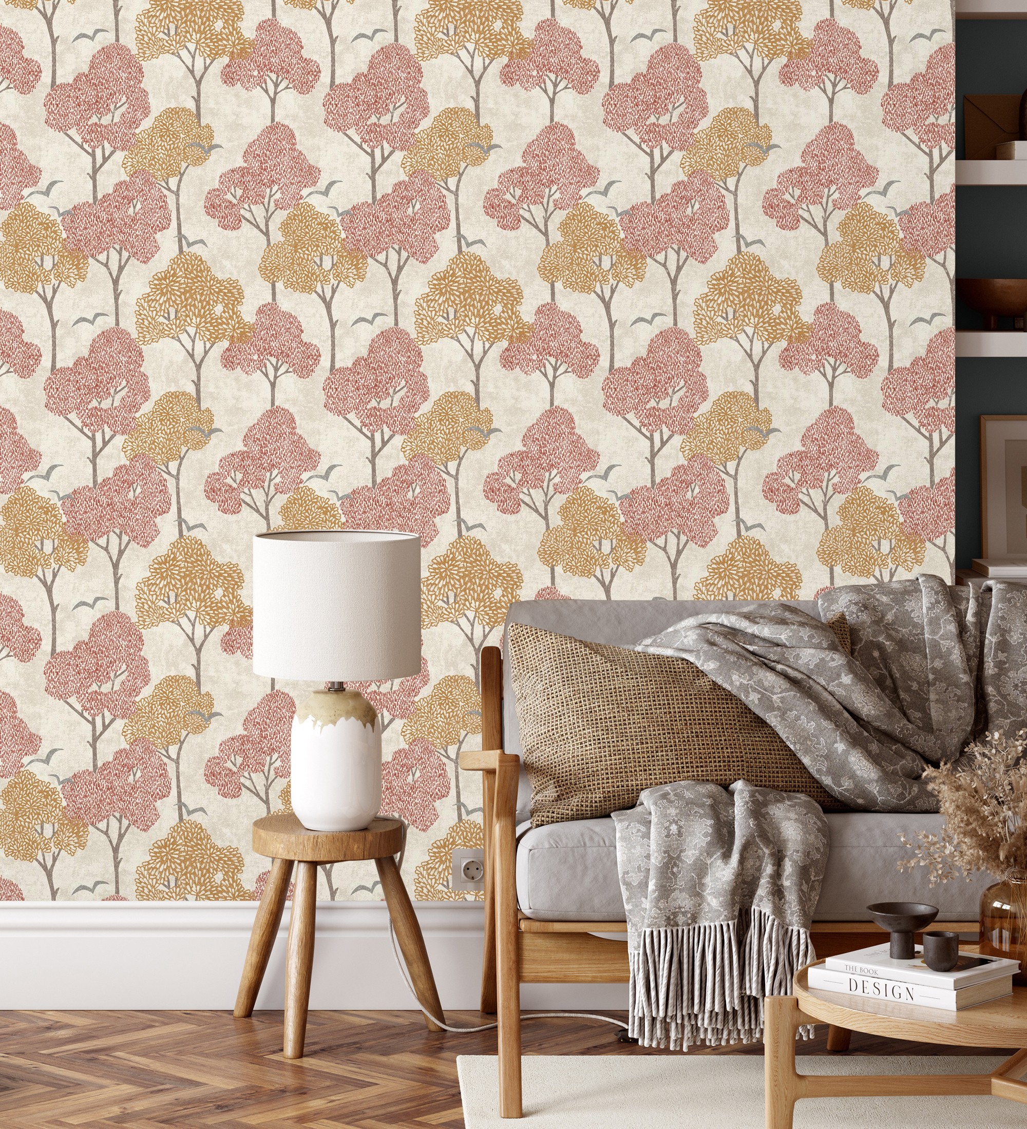Papel pintado gaulan de árboles coral y pájaros con 5.23m²