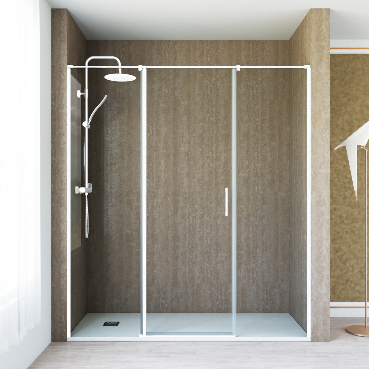 Mampara ducha 1 puerta abatible 2 fijos 180cm transparente blanco