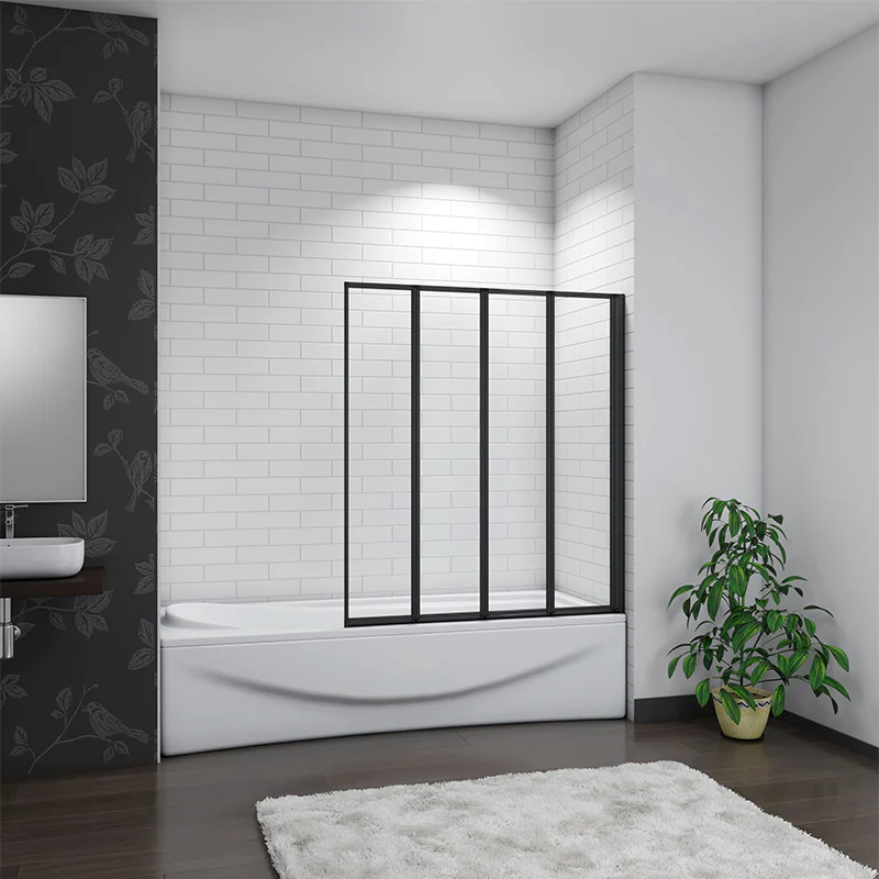 Aica mampara de bañera 4 hojas plegable,4mm,negro mate,(89-90)x140cm