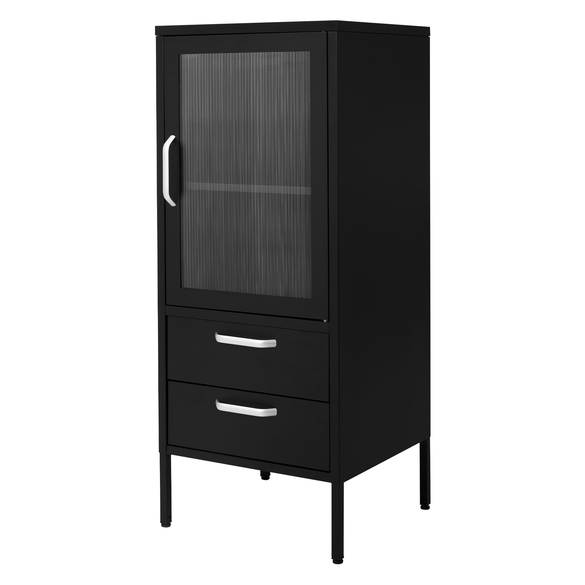 Vitrina 42x102x40 cm, negra, con 2 compartimentos, 1 puerta y 2 cajones