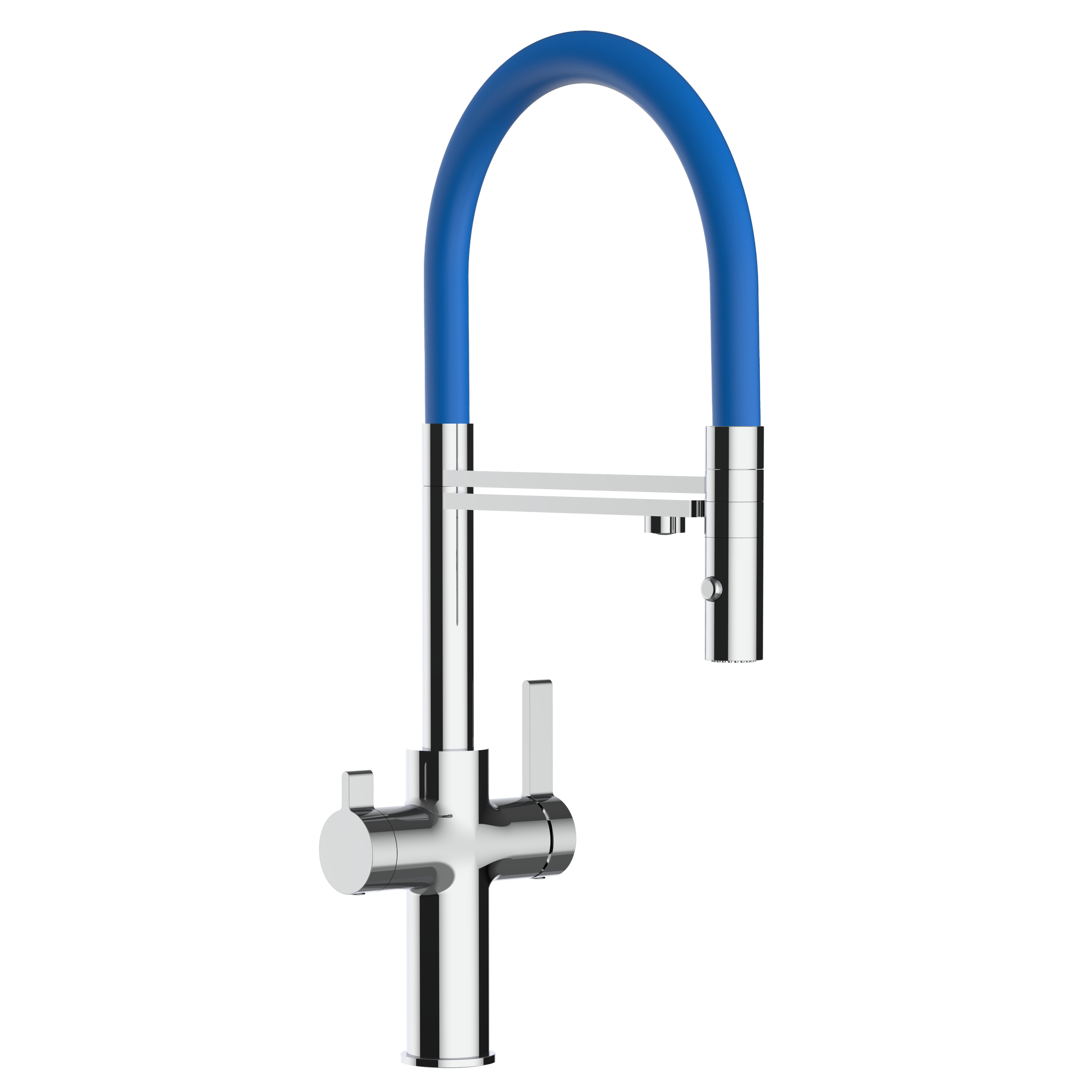 Grifo de cocina 4 vías cromado caño giratorio azul ducha 2chorros, FC