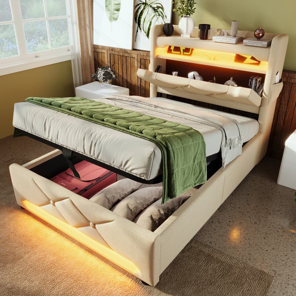 Cama tapizada 90x200cm con LED 360, usb y canapé hidráulico lino – beige