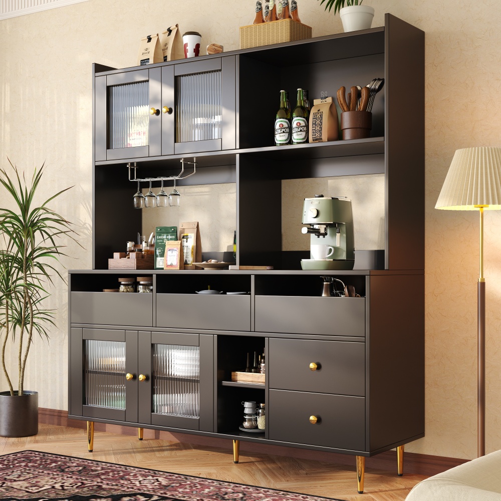 Alacena de cocina, vitrina con 2 puertas cajones negro 171x145x39cm