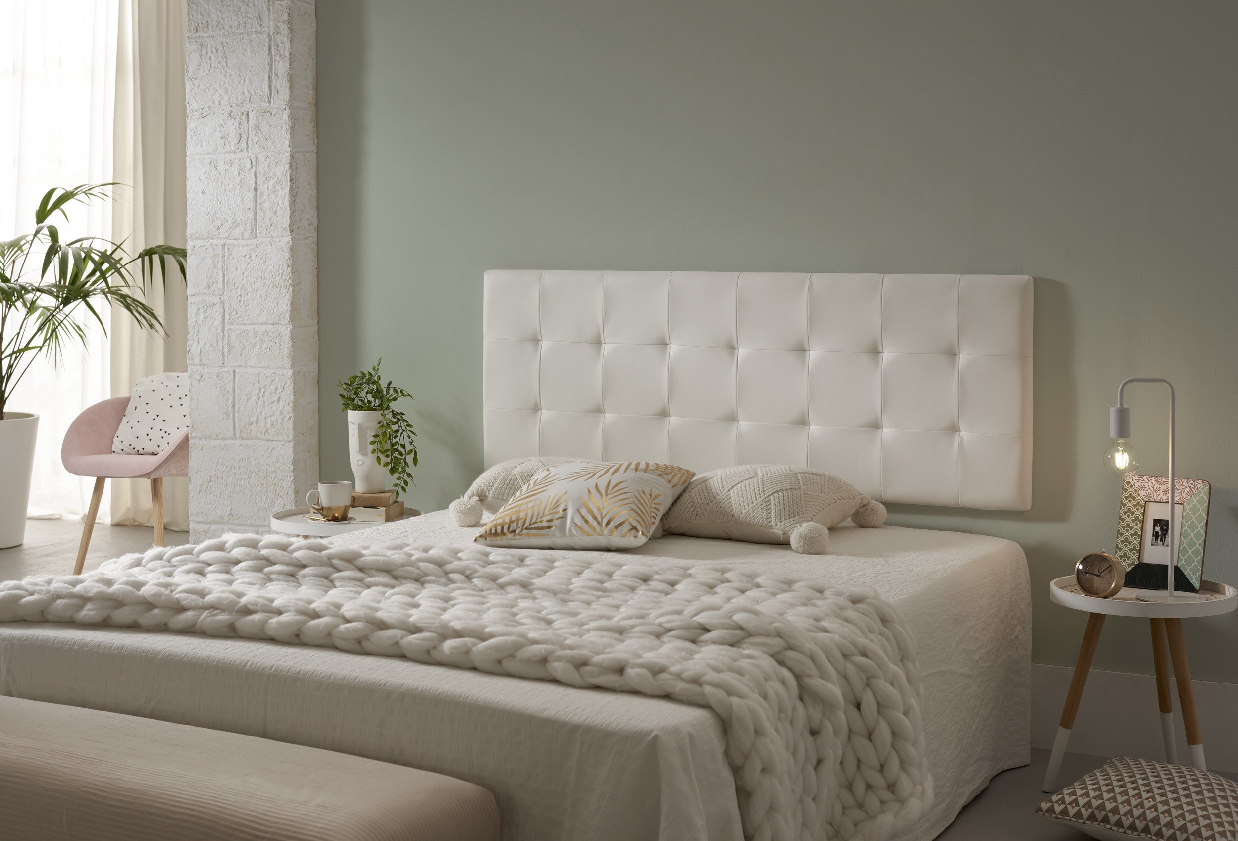 Cabecero de cama 150 capitone cuadros polipiel 152x57x5cm blanco