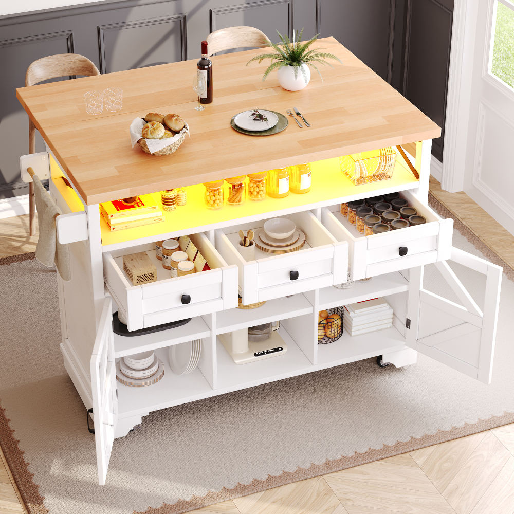 Isla de cocina móvil con mesa abatible y luz LED blanca 98x120x43cm