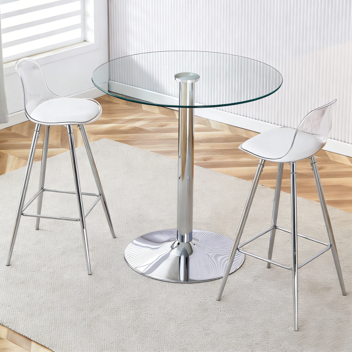 Juego de mesa alta redonda 2 taburetes cristal plata 89cm