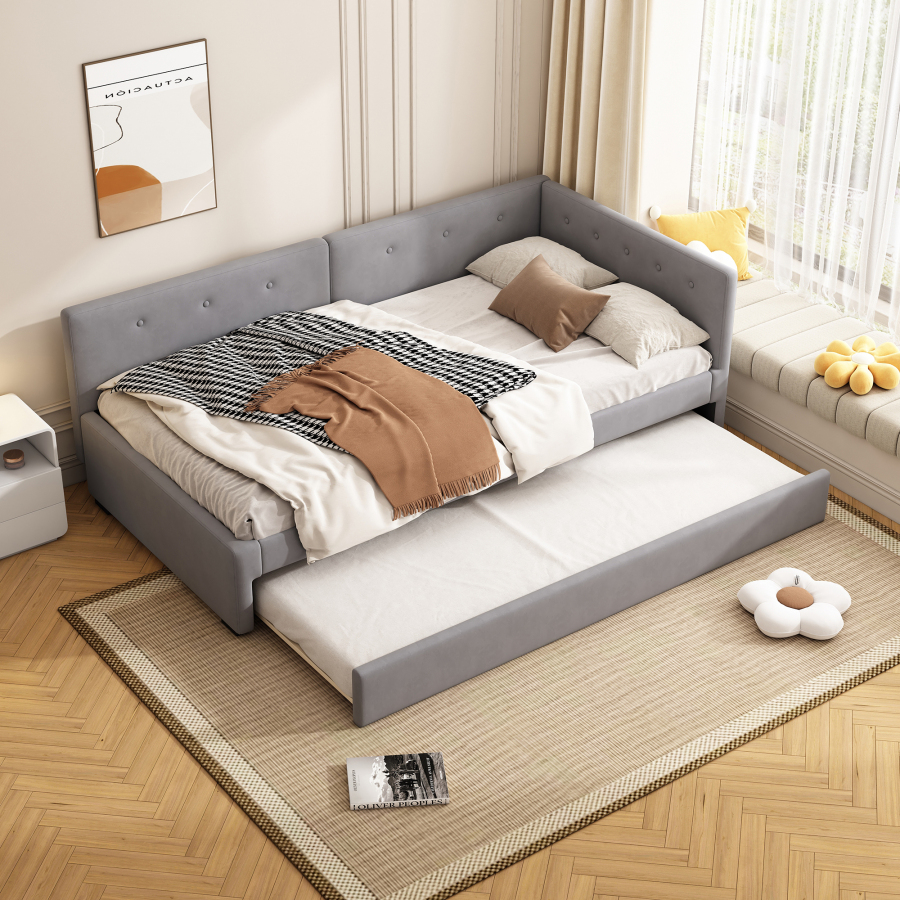 Cama tapizada 90x200 cm con cama nido extraíble terciopelo – color gris
