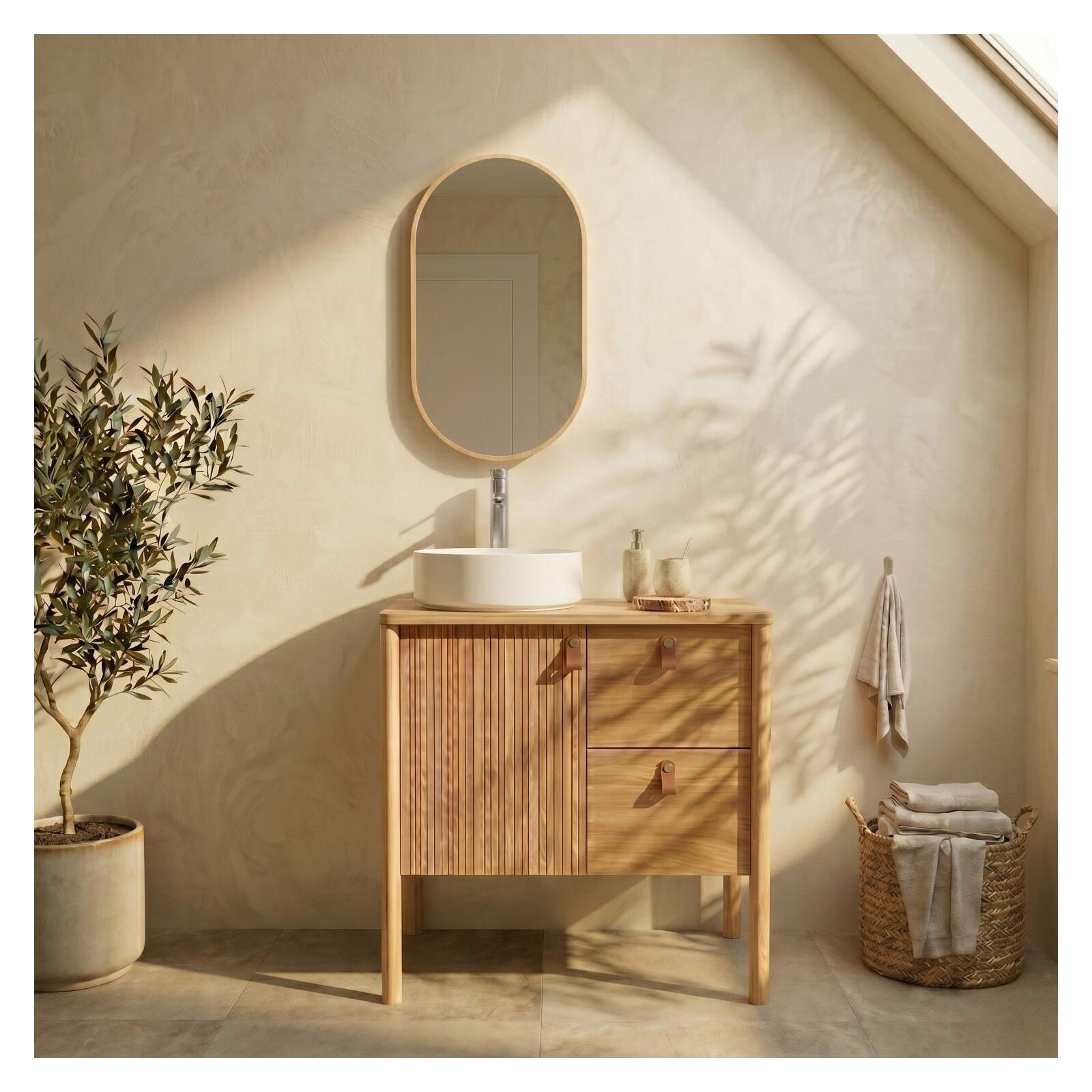 Mueble roble 80cm patas, lavabo, grifo y espejo ovalado joy