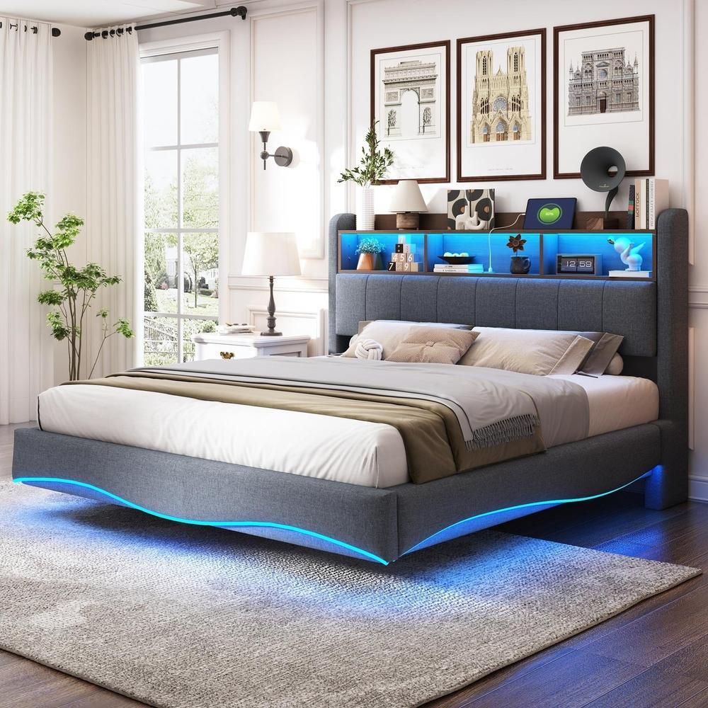 Cama 160x200cm suspendida, LED, usb-c, almacenaje en cabecero, gris