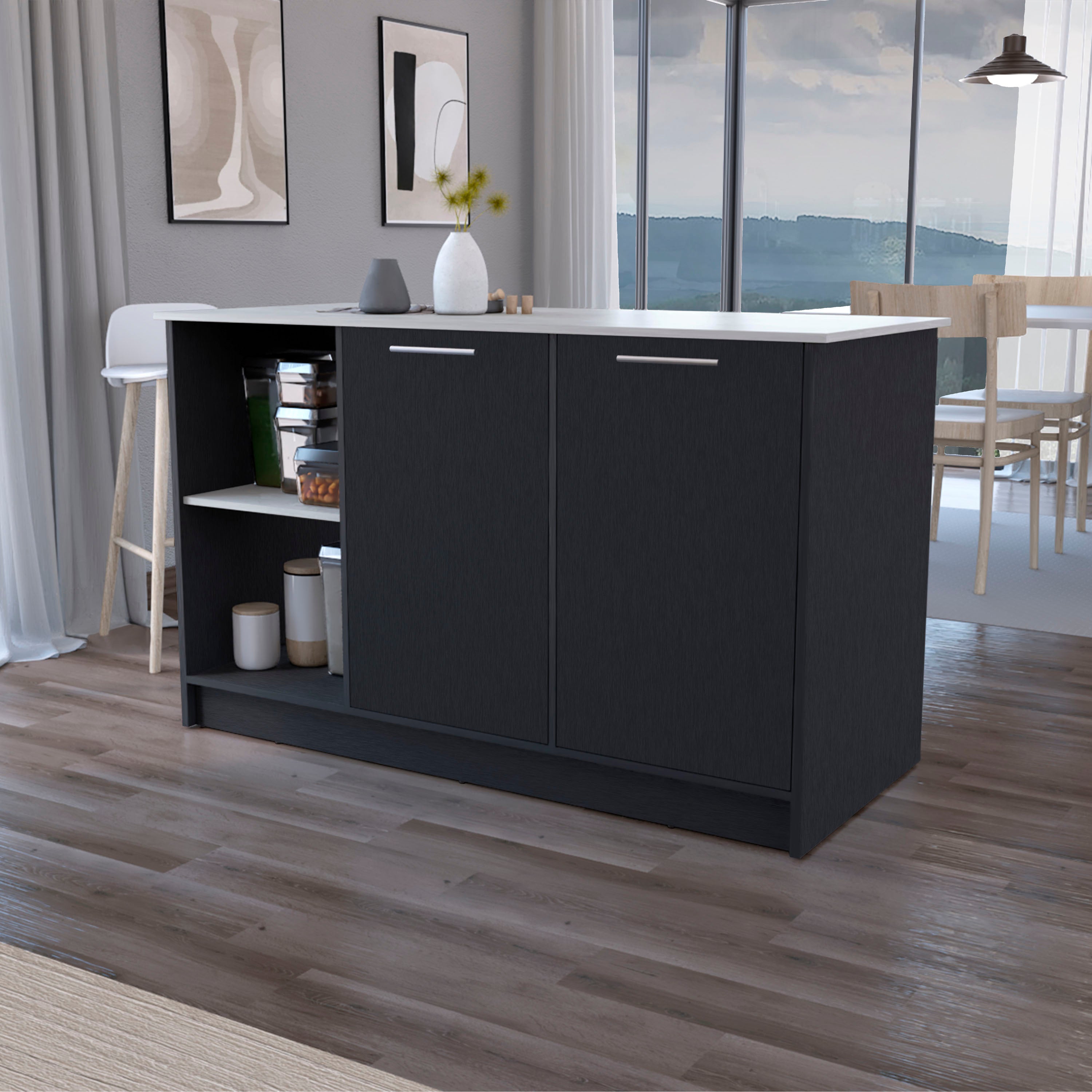 Isla de cocina juniper,2 puertas y 3 estantes,negro/ibiza 90 x 150 x 64 cm