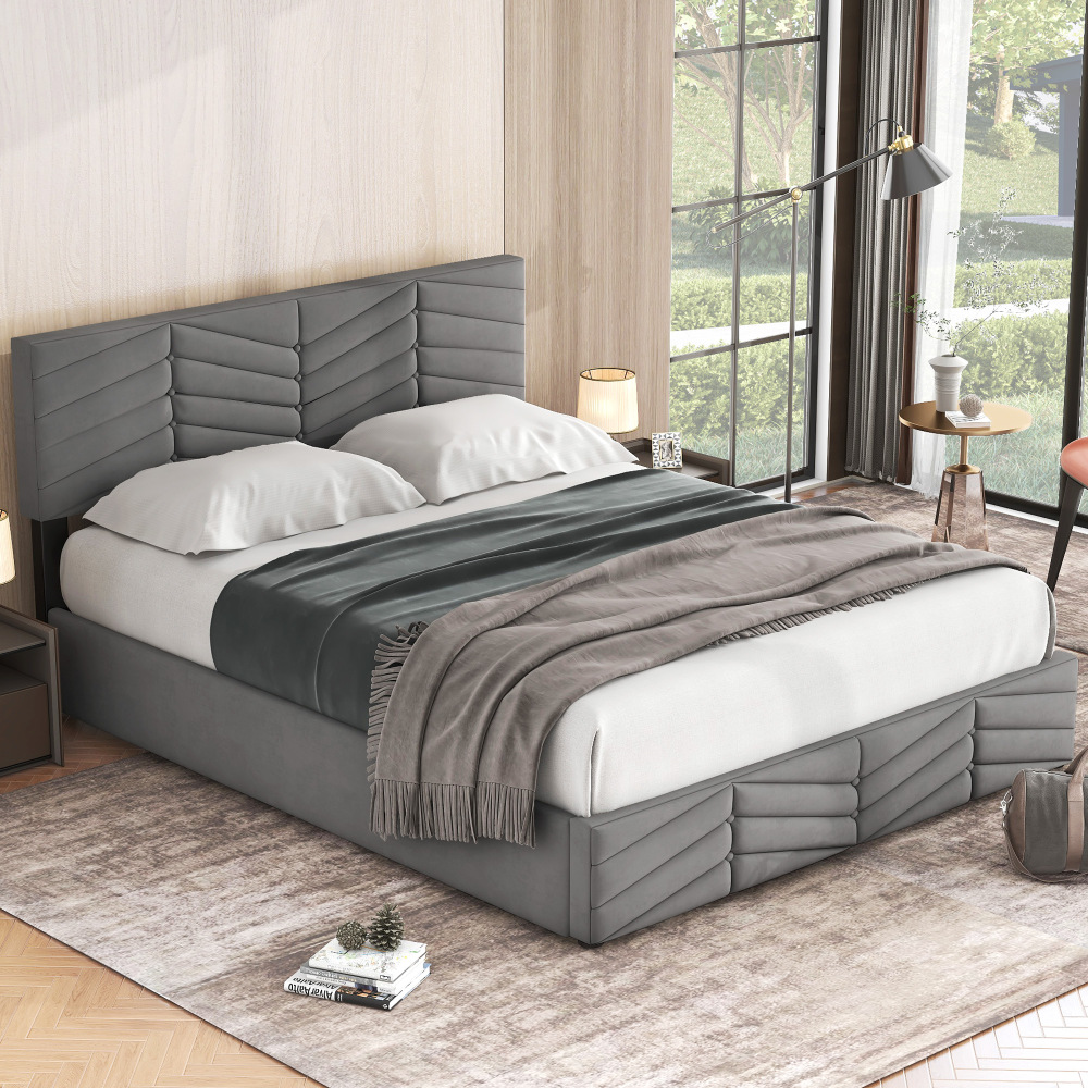 Cama 140x200cm con sistema hidráulico y acabado en terciopelo gris