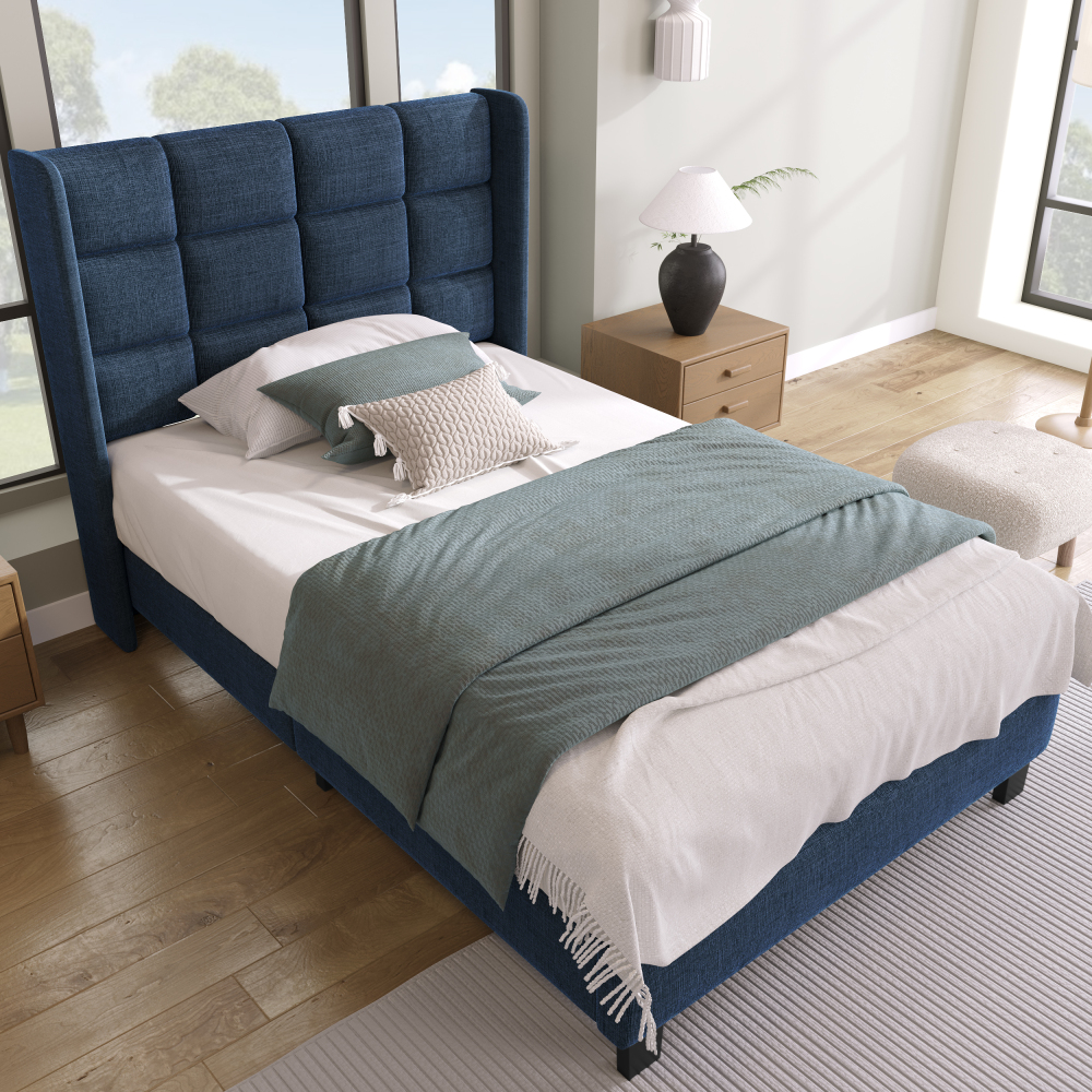 Cama tapizada 90x200cm con cabecero alto y somier lino – azul