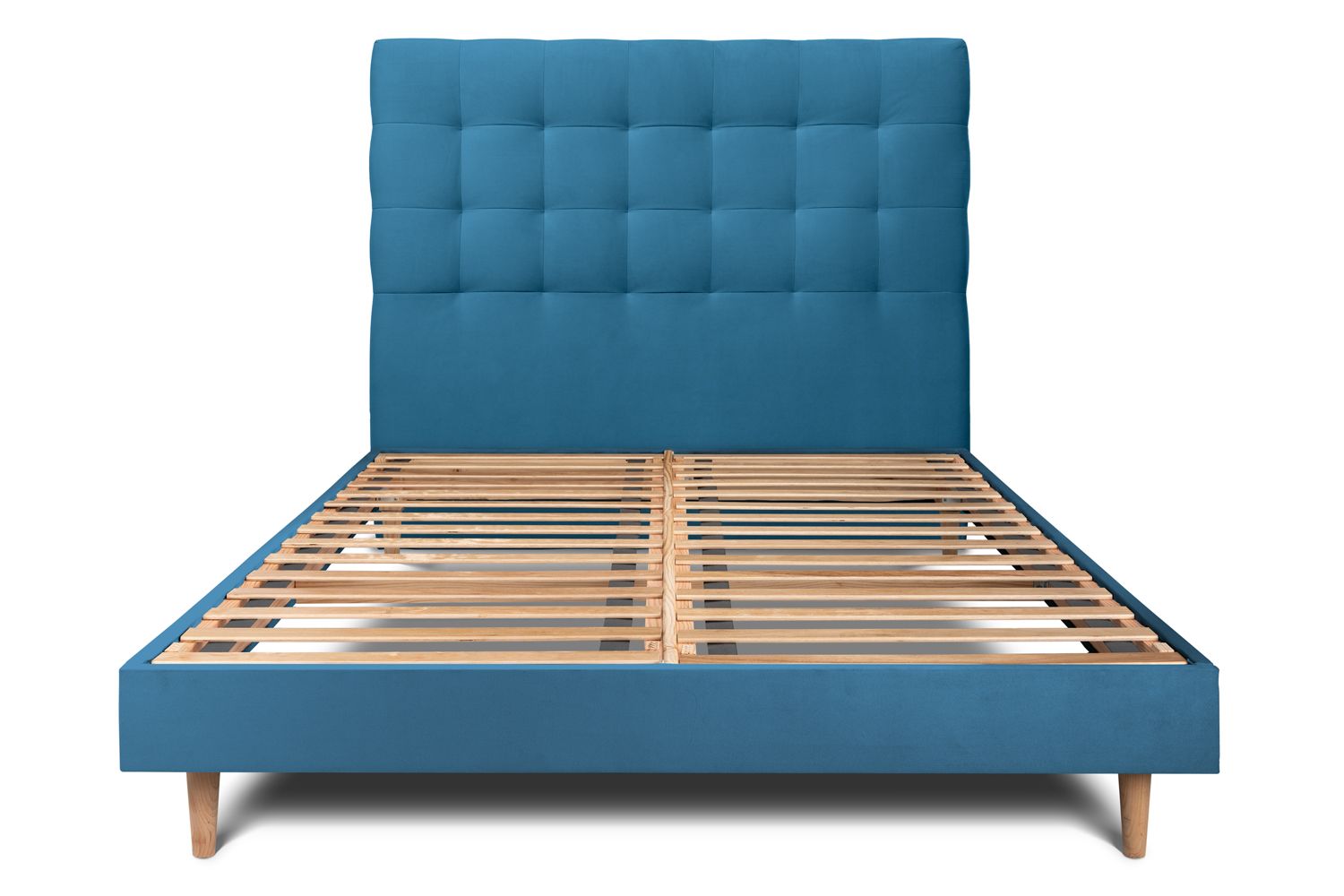 Cama de 135x190 cm con cabecero tapizado - tejido de terciopelo - azul océa